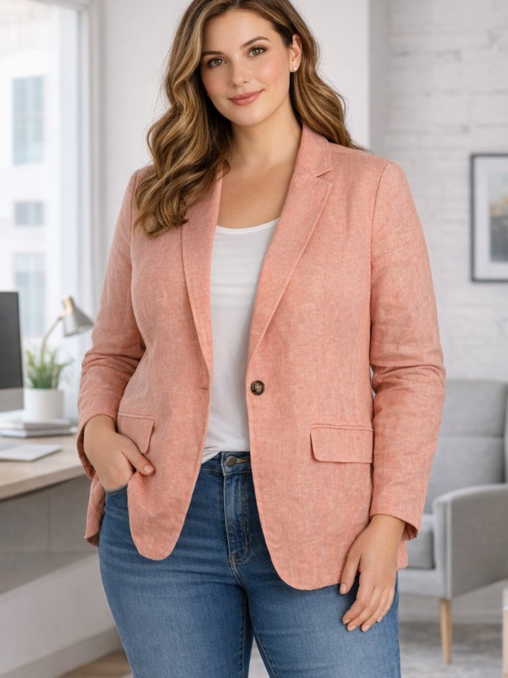 Talbots Peach Coral 100% Linen Single Button‎ Blazer Jacket Size 16 NEW